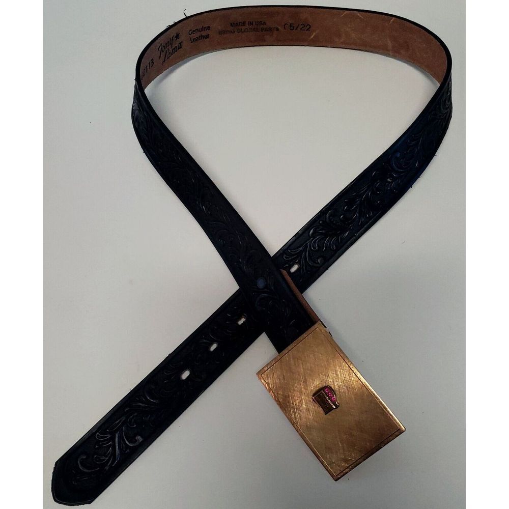 Tony Lama Belt Blk 30 w/ VTG Metalcraft Mayville Brushed Gold Buckle w/ Gems USA